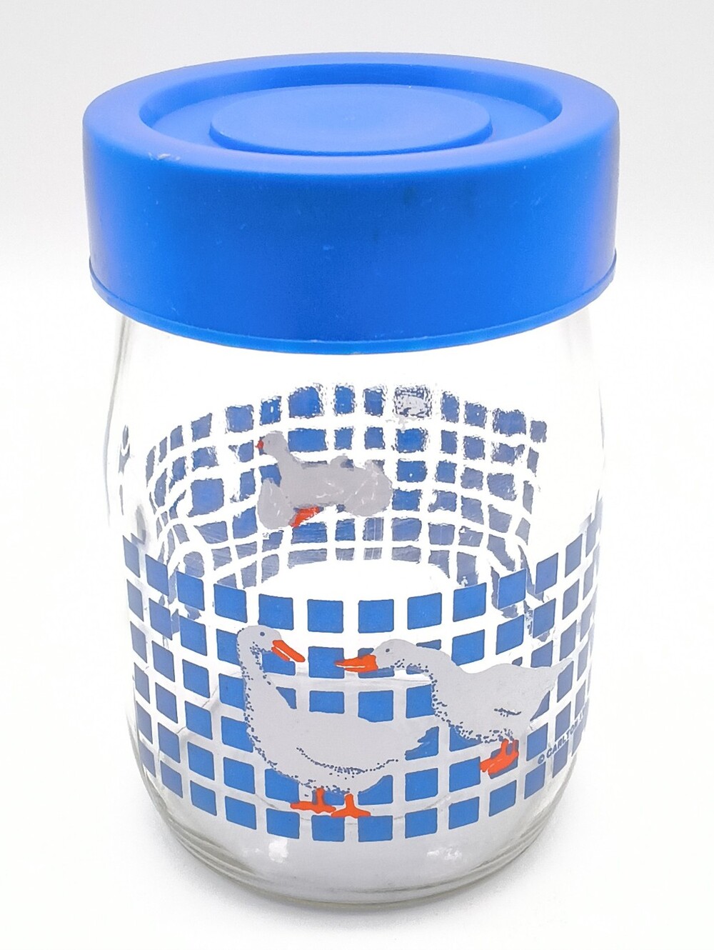 1L - 1982 Carlton Glass Country Geese / Blue Checkered Grid Canister Jar